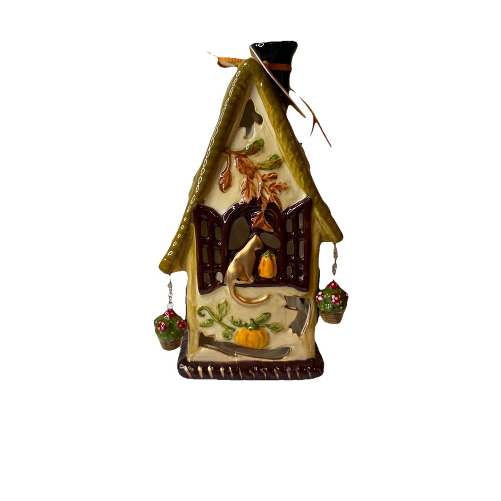 Blue Sky Clayworks Autumn Fall Harvest Kitty Cat Tea‎ Light Candle House NWT